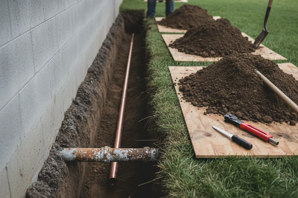 Excavated water line trench during Sewer Line Repair in Inyokern